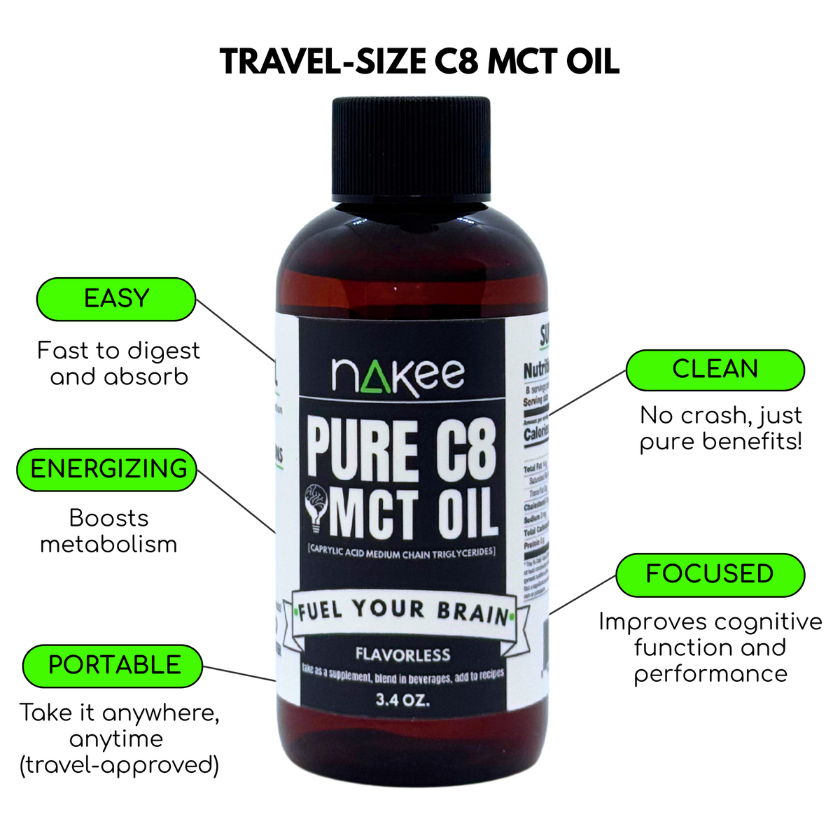 Nakee Butter Pure C8 MCT Oil – 3.4 oz Travel Size